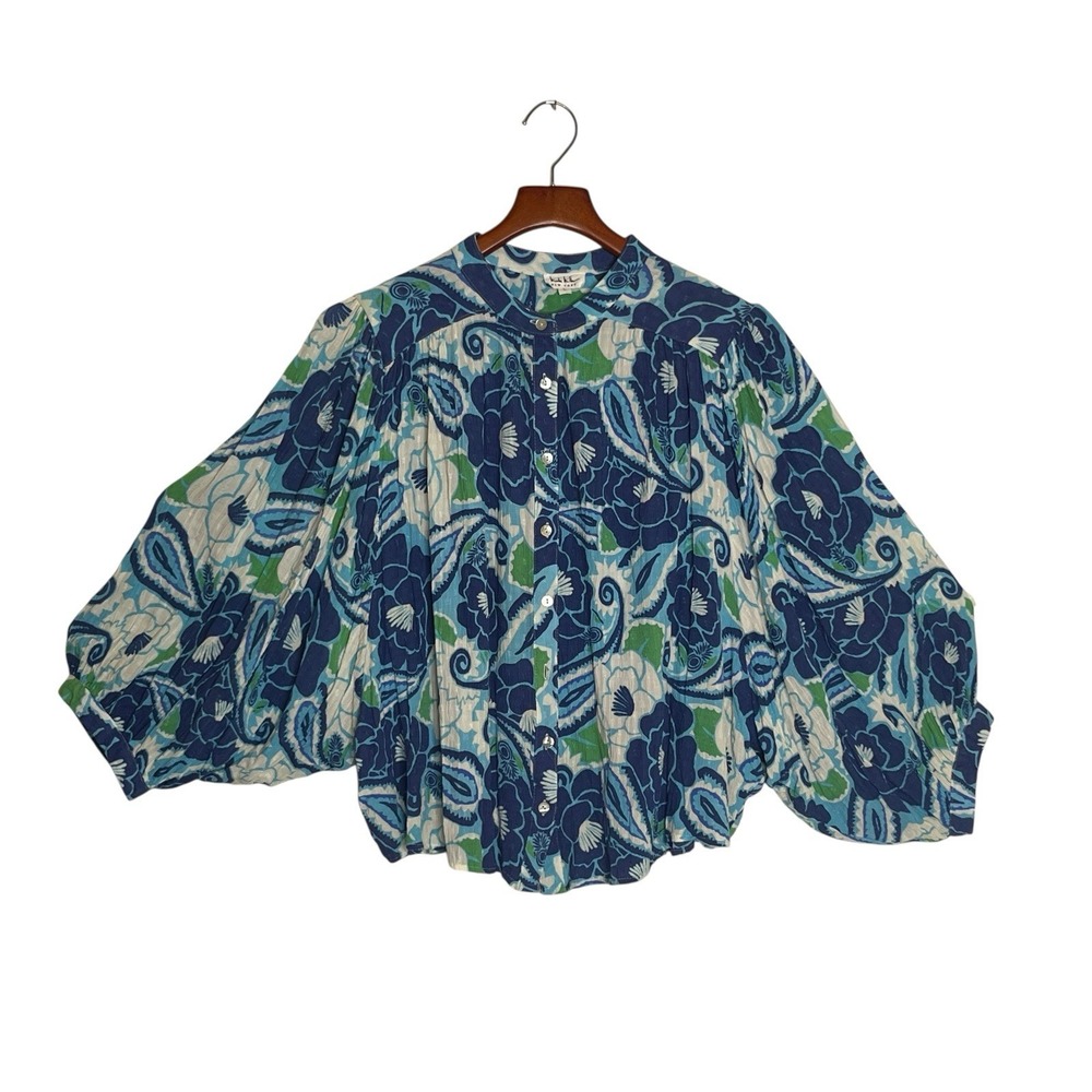 Nicole Miller Blouse Womens Sz Large Blue Balloon Sleeve Floral Top Boho Teacher